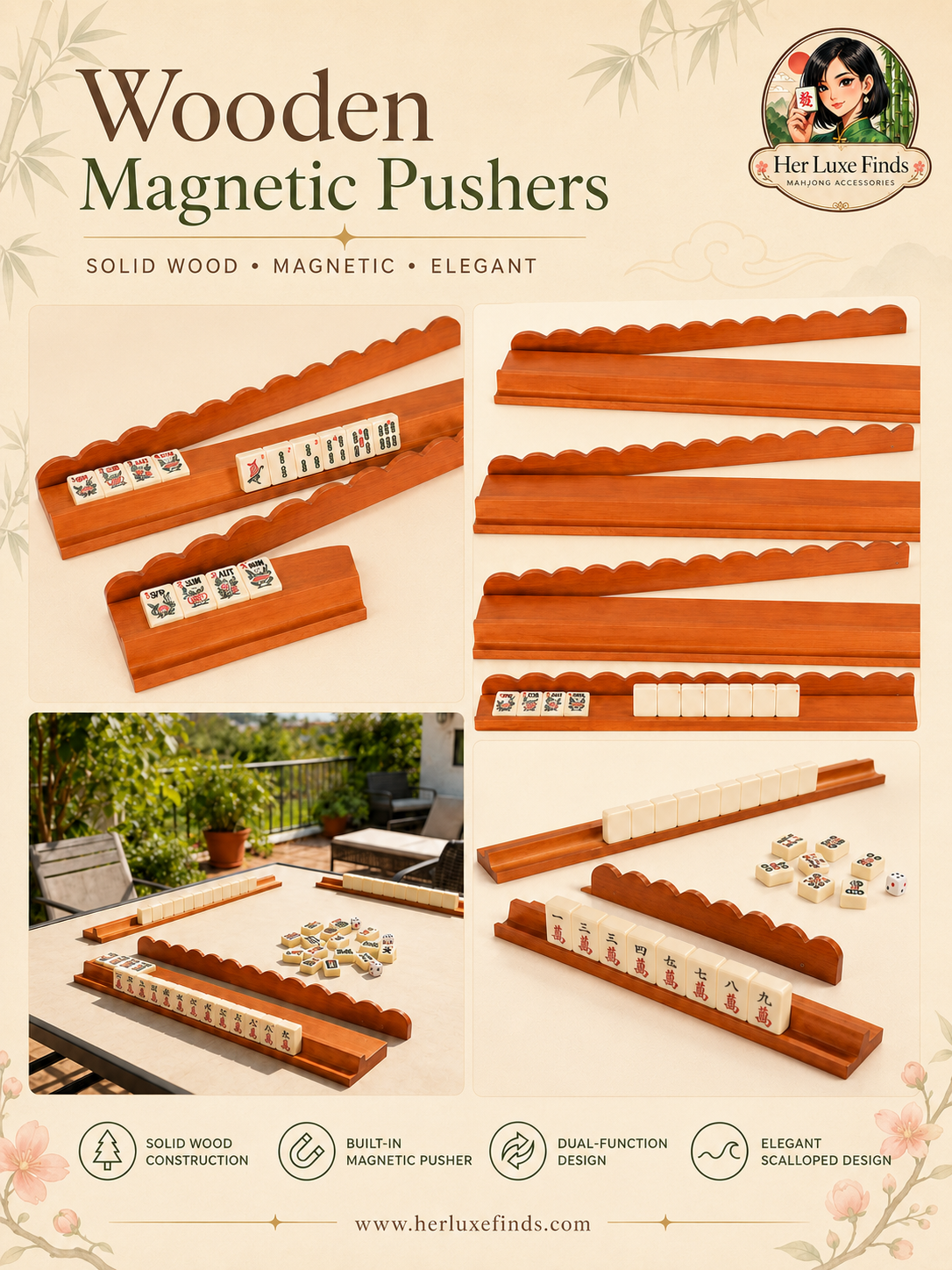 Wooden Magnetic Mahjong Rack & Pusher